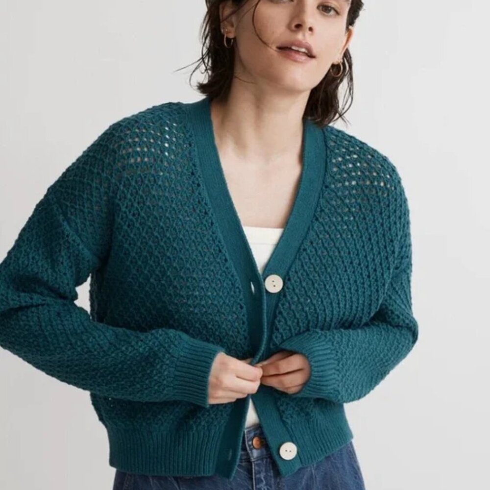 Madewell NWT Teal Open-Stitch Crop Cardigan Sweater